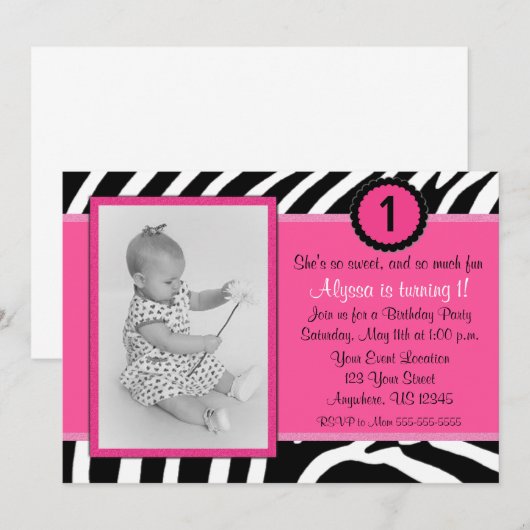 Rosa Zebra Einladung (Vorne/Hinten)