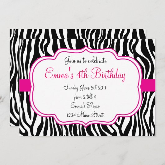 Rosa Zebra-Einladung Einladung (Vorne/Hinten)