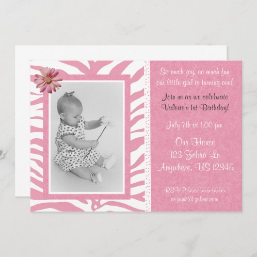 Rosa Zebra Print Girls Geburtstag Einladung (Vorne/Hinten)