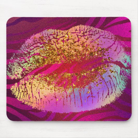Rosa Zebra Print Rainbow Gold Glitzer Lifte Kiss Mousepad (Vorne)
