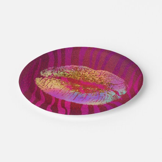 Rosa Zebra Print Rainbow Gold Glitzer Lippen Party Pappteller (Schrägansicht)