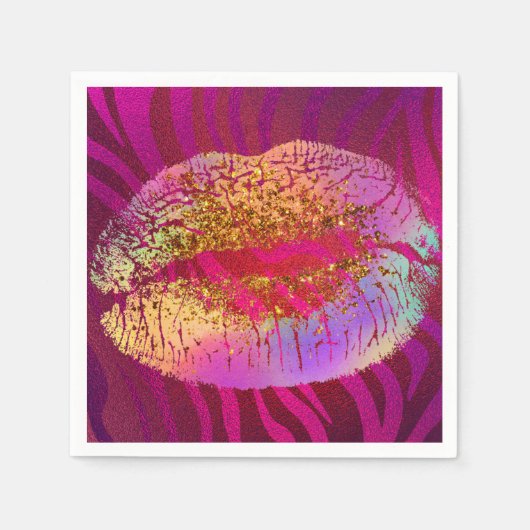 Rosa Zebra Print Rainbow Gold Glitzer Lippen Party Serviette (Vorderseite)