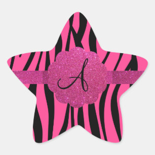 Rosa Zebra stripes Monogramm Stern-Aufkleber