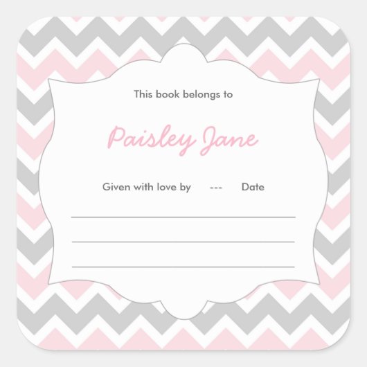 Rosa Zickzack Book Baby Dusche Buchzeichen Quadratischer Aufkleber (Vorderseite)