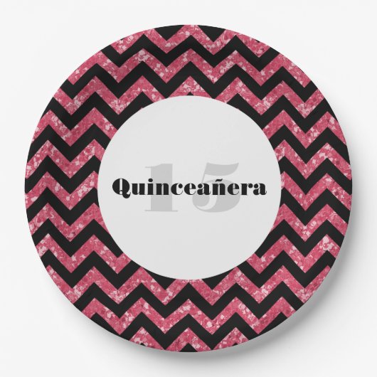 Rosa Zickzack Glitzer Quinceañera Teller (Vorderseite)