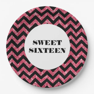 Rosa Zickzack Glitzer Sweet 16 Paper Tellers Pappteller