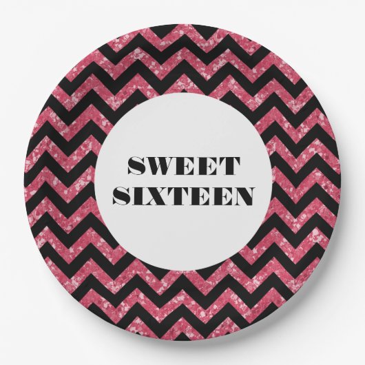 Rosa Zickzack Glitzer Sweet 16 Paper Tellers Pappteller (Vorderseite)