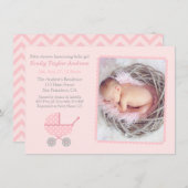 Rosa Zickzack Stroller Foto Baby Girl Dusche Einladung (Vorne/Hinten)