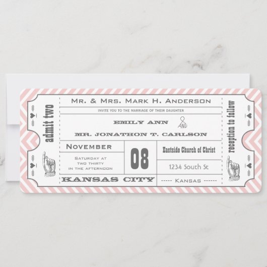 Rosa Zickzack Zig Zag Old Hollywood Ticket Hochzei Einladung (Vorderseite)
