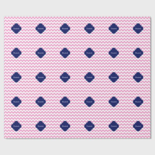 Rosa Zickzack Zigzag Navy Quatrefolie Monogram Geschenkpapier (Flach)