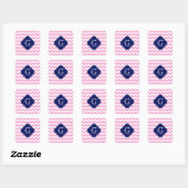 Rosa Zickzack Zigzag Navy Quatrefolie Monogram Quadratischer Aufkleber (Blatt)