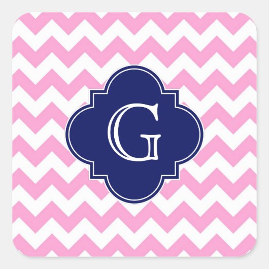 Rosa Zickzack Zigzag Navy Quatrefolie Monogram Quadratischer Aufkleber (Vorderseite)