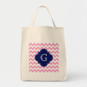 Rosa Zickzack Zigzag Navy Quatrefolie Monogram Tragetasche