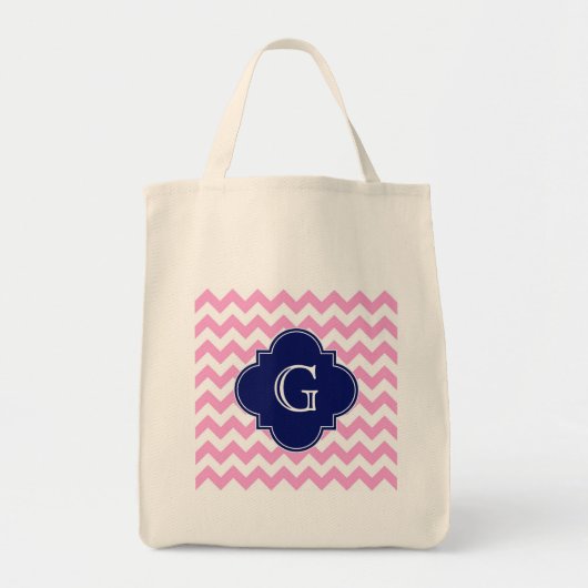 Rosa Zickzack Zigzag Navy Quatrefolie Monogram Tragetasche (Vorne)