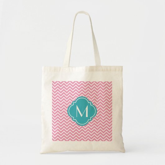 Rosa Zickzack Zigzag-Streifen mit Monogramm Tragetasche (Vorne)