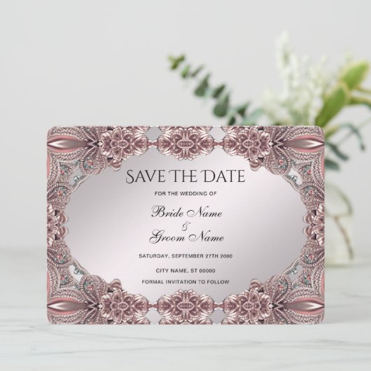 Rosa Zierarbeit Save the Date (Stehend Vorderseite)