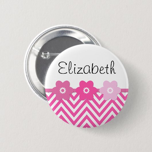 Rosa Zigzag, rosa Zickzack, Wellenmuster, Ihr Name Button (Vorne & Hinten)