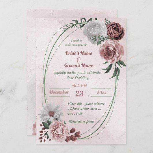 Rosa Zimt Rose Weiß Blütengeometrische Hochzeit Einladung (Vorne/Hinten)
