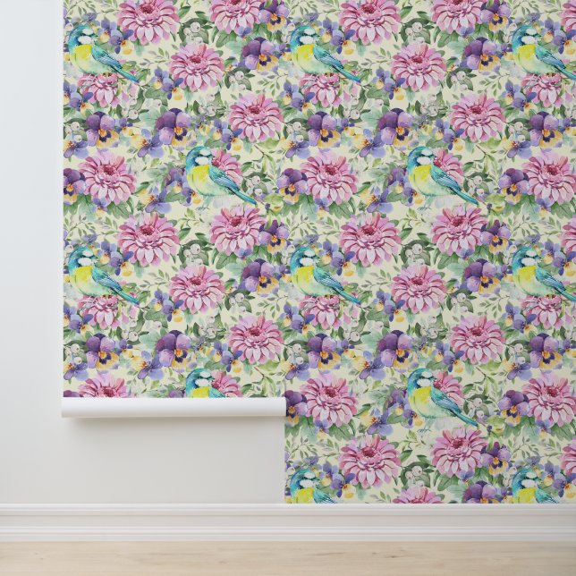 Rosa Zinnia Blume Lila Stiefmütterchen Vögel Tapete (Anwendung)