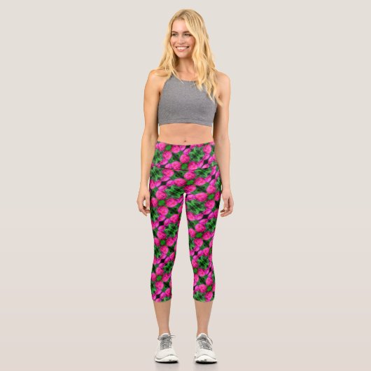 Rosa Zinnia Blume Pair Nah Abstraktes Muster Capri Leggings (Vorderseite)