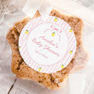 Rosa Zitronen-Zitrus-Streifen-Baby-Shower-Aufklebe Runder Aufkleber