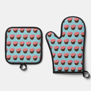 Rosa Zuckerguss Cupcake Ofenhandschuh & Topflappen-Set