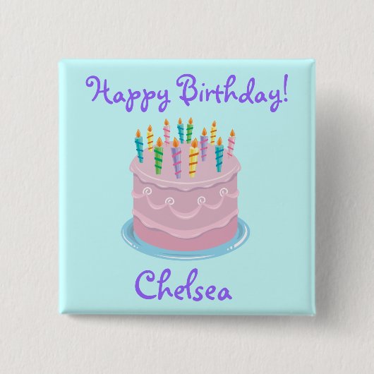 Rosa Zuckerguss-Geburtstags-Kuchen personalisiert Button (Vorderseite)