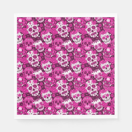 Rosa Zuckerschädel-Blumenmuster Serviette (Vorderseite)