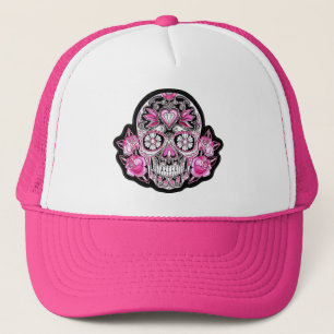 Rosa Zuckerschädel und Rose Truckerkappe