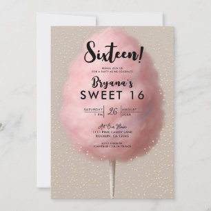 Rosa Zuckerwatte Gold Konfetti Süße 16 Party Einladung