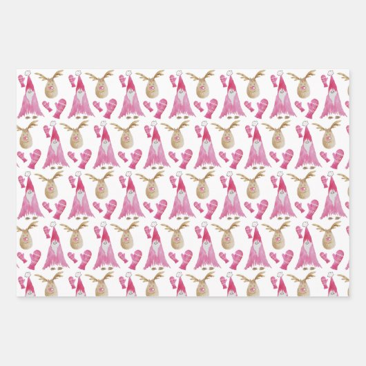 Rosa Zwerge und Rentiermuster Geschenkpapier Set (Vorderseite 2)