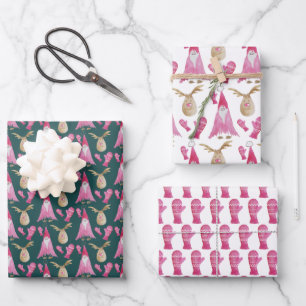 Rosa Zwerge und Rentiermuster Geschenkpapier Set