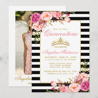Rosa Zwergquinceanera Goldkrone Stricktes Foto Einladung