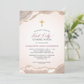 RosaAgate Gold Glitzer Girls First Communation Einladung (Stehend Vorderseite)