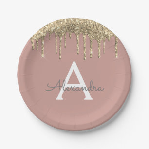 Rosafarben - Gold Glitter Monogramm Geburtstag Pappteller