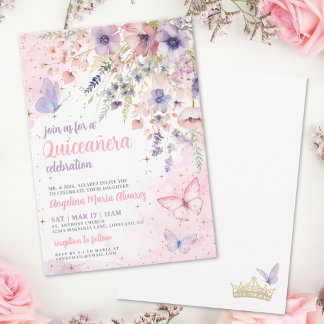 Rosafarben Lila Blumen Schmetterling Quinceanera Einladung