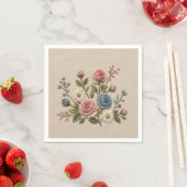 Rosafarben und blau bestickte Rosen Serviette (Beispiel)