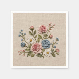 Rosafarben und blau bestickte Rosen Serviette