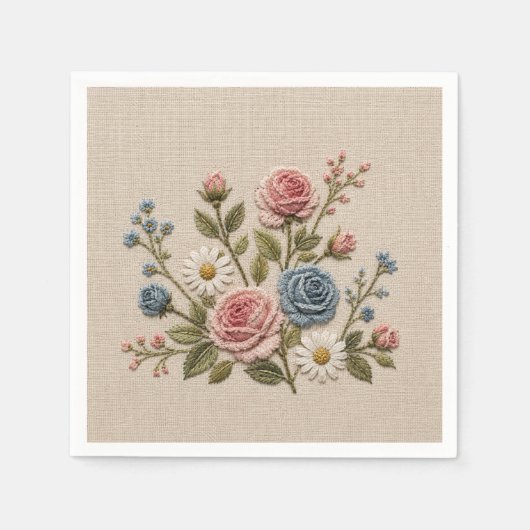 Rosafarben und blau bestickte Rosen Serviette (Vorderseite)