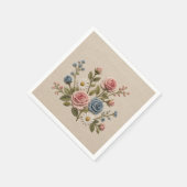 Rosafarben und blau bestickte Rosen Serviette (Ecke)