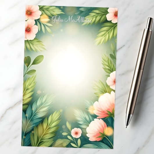 Rosafarbene Blume mit Leafy Elegance Briefpapier