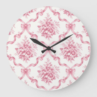Rosafarbene französische Bandgitter-Blumenbouquet- Große Wanduhr
