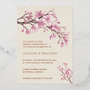 Rosafarbene Kirschblüten-Blumen-Hochzeit Roségold Folieneinladung