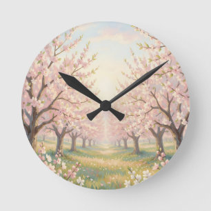 Rosafarbene Kirschblütenplantage Frühlingslandscha Runde Wanduhr