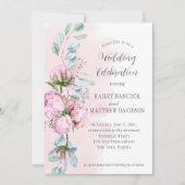 Rosafarbene Peonies, rosa Wash, Grüne Hochzeit Einladung (Vorderseite)