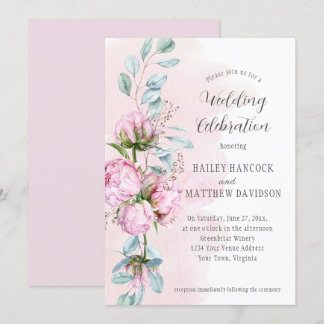 Rosafarbene Peonies, rosa Wash, Grüne Hochzeit Einladung