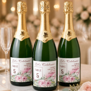 Rosafarbene Welle und florale Tischnummer - funkel Schaumweinetikett
