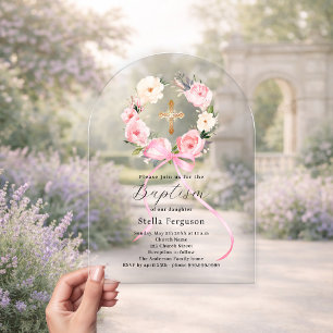 Rosafarbener Blumenkranz mit Schleife und Kreuz fü Acryleinladungen