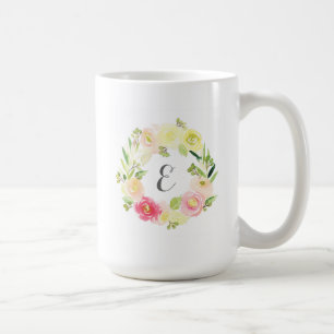 Rosafarbener und gelber Wasserfarben-Blumenkranz Kaffeetasse