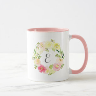 Rosafarbener und gelber Wasserfarben-Blumenkranz Tasse